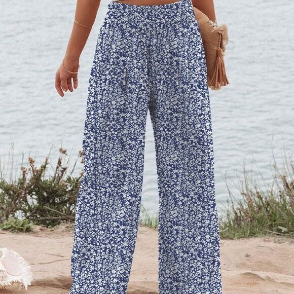 Blue and White Palazzo Pants with Floral Print - Picture 5 of 6